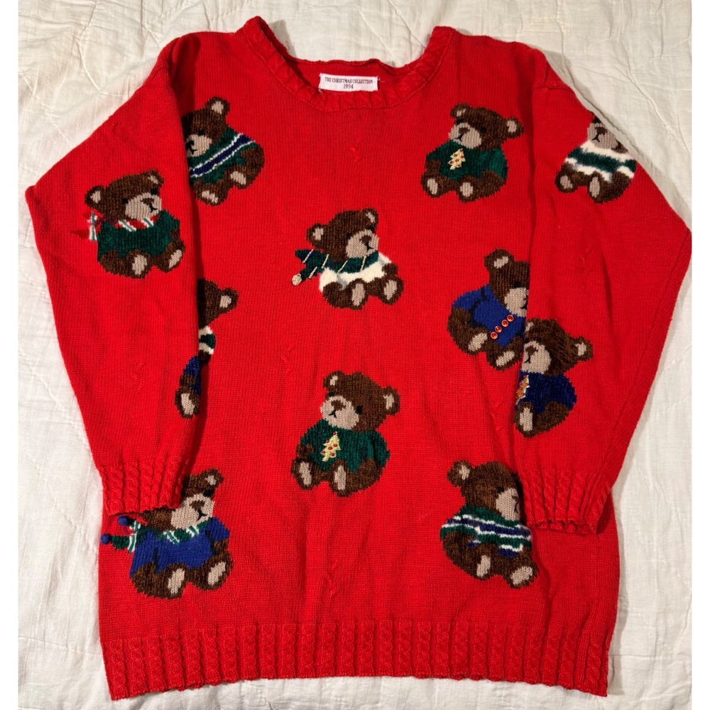 Vintage The Christmas Collection 1994 Teddy Bear Red Knit Holiday Sweater L